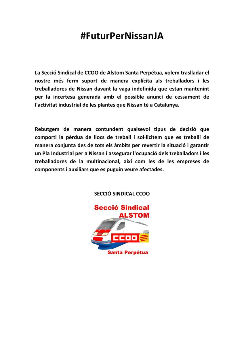 ccooalstom's tweet photo. Els treballadors/es de Alstom Santa Perpètua donem suport a la vaga indefinida a Nissan.
Qui lluita pot perdre, qui no lluita ja ha perdut!!!
#FuturoParaNissanYA
#FuturPerNissanJA
#TodosSomosNissan 
@ccoonissan @ccoocatalunya @FICCOOCat @CCOOIndvocccatc @danigarciamo https://t.co/SHpoFBqMqX