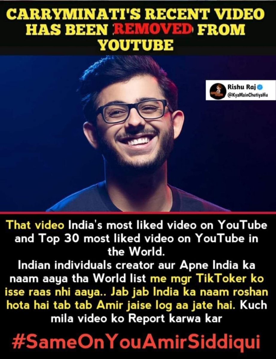 SumitSa75935136's tweet photo. Show them our power and our love to carryminati. This is #unfair with #carryminati . that video was #record_breaking
Totally unfair.... 
#disappointment
#Disgusting 
#justiceforcarry 
#BringBackCarryVideo 
#shameonyoutube 
@ashchanchlani @Bhuvan_Bam @CarryMinati @Mrityu_N_Jay07 https://t.co/muSsj08ZWQ