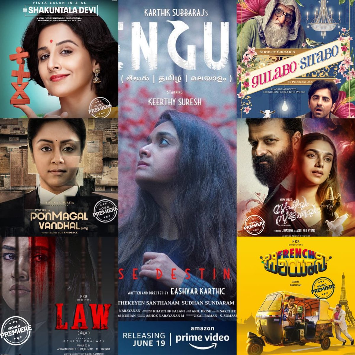 cinemarangam's tweet photo. Big announcement! @PrimeVideosIN brings 7 much-awaited films: 

#Penguin- Tamil, Telugu, 
#ShakuntalaDevi- Hindi, 
#PonMagalVandhal- Tamil, 
#Law- Kannada,  
#SufiyumSujatayum- Malayalam,
#Biryani- Kannada, 
#Gulabositabo- Hindi
Exclusive Premiere only on
#WorldPremiereOnPrime https://t.co/VOVgcEkz1G