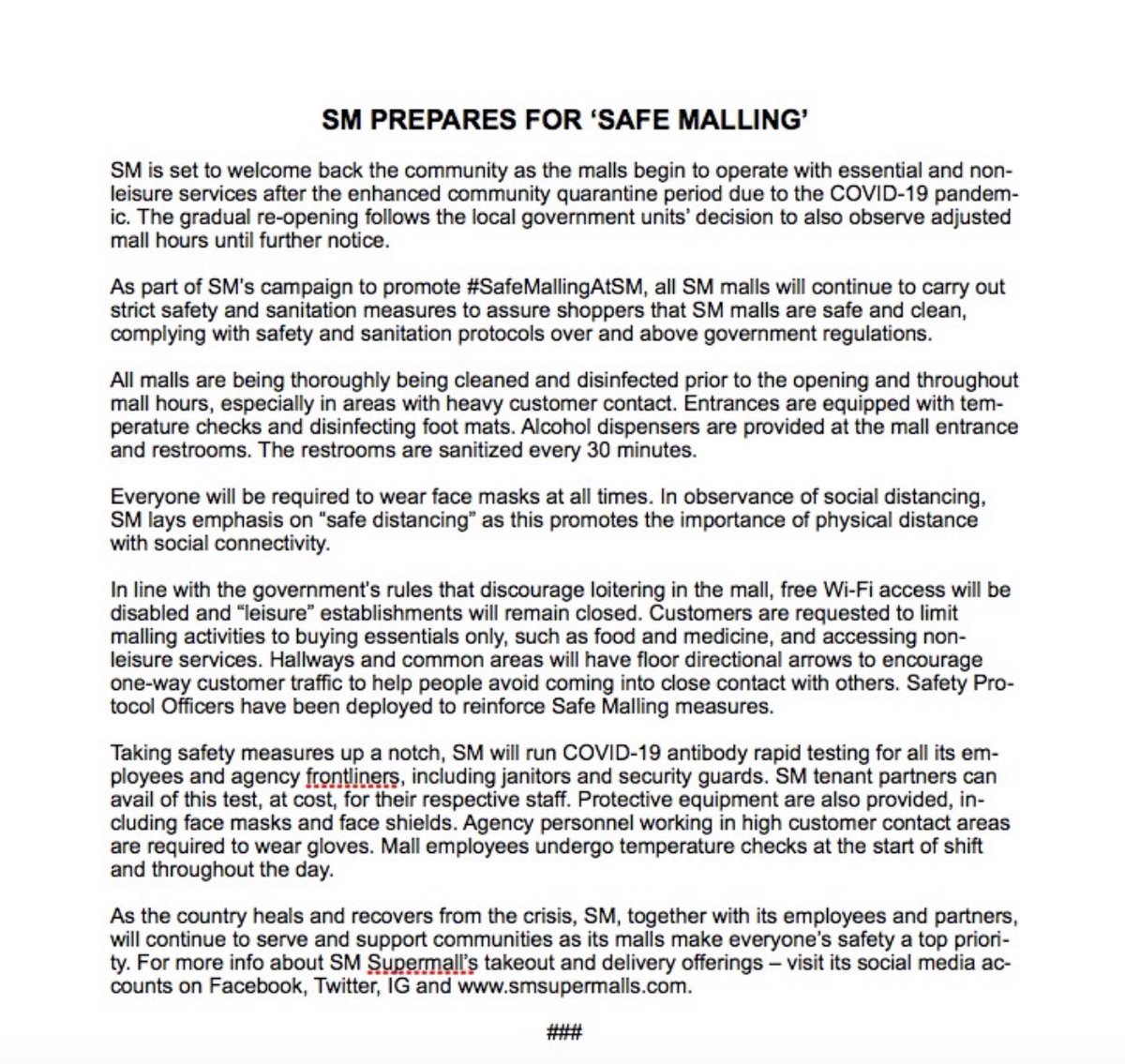 $SMPH: SM Prime implementing safety and sanitation measures as its shopping malls prepare for the return of customers