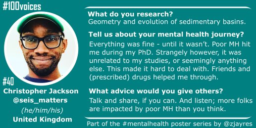 #40. Christopher Jackson ( @seis_matters) talks about having poor  #mentalhealth   during his PhD, and being unable to pin how he was feeling on his studies, or on anything else for that matter. He talks about how friends and medication got him through. #100voices  #AcademicChatter
