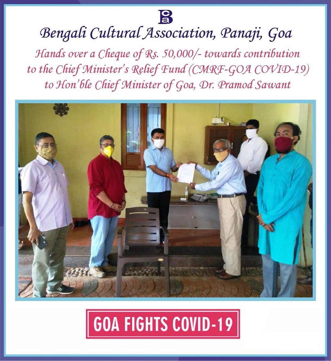 adas_goa's tweet photo. #BCA Panaji Goa contributes to #cmrf Goa #GoaFightsCOVID19 hands over Rs. 50,000/- cheque to @goacm https://t.co/OTQgBhotTq