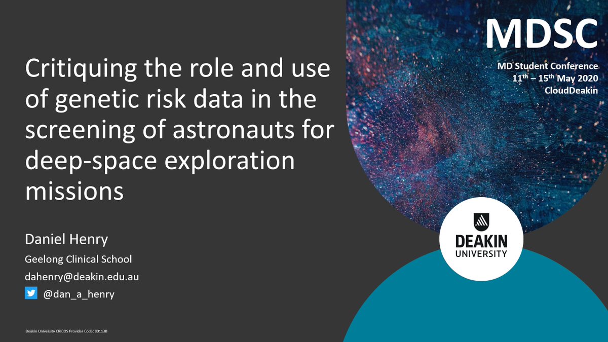 It was great to have the opportunity this week to present my research exploring how #genetic data could be used to inform #astronaut selection for deep-space missions at this year's inaugural <a href="/DeakinMdsc/">DeakinMDSC</a>

Thanks to my supervisor <a href="/jacquie_savard/">Dr Jacqueline Savard</a> for all your help