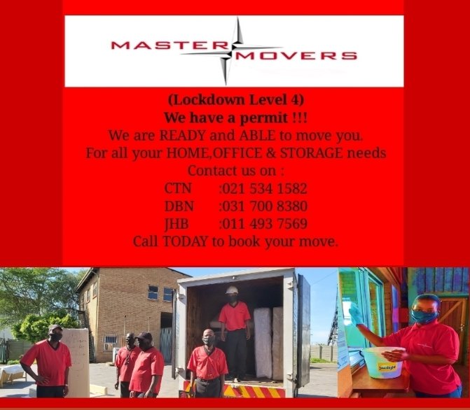 _mastermovers's tweet photo. Looking to move ? Call any one of our branches to get a quote for all your home, office &amp; storage needs.📦

#Mastermovers #lockdown
#COVID19 #SABCNEWS #logistics #transport #removals #relocation https://t.co/QPLNjNIXF2