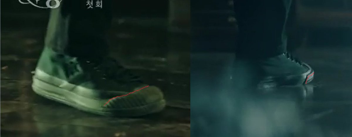 (2) Their shoes are different. Below is the comparison of the sole of their shoes. In Savior #1's shoes (left photo) the toe cap extends down to the sole (see red outline). Whereas in Savior #2's shoes (right photo), there is a clear separation between the toe cap and the sole.