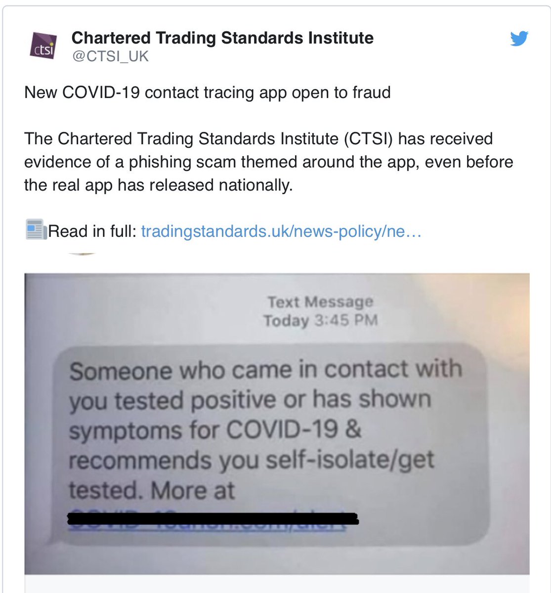 Scam_Alert_UK's tweet photo. Bogus text messages seen by the Chartered Trading Standards Institute appear as though they were sent by an official source associated with the app, directing recipients to a website for more information. The link attempts to gain bank account and other personal identity details. https://t.co/XF7G0NF5d2
