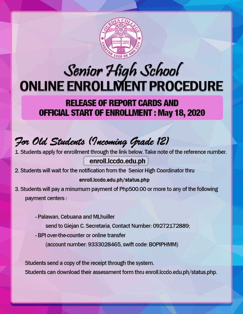 OfficialLCSHSSG's tweet photo. Great News to all Senior High School Learners! Enrollment in Lourdes College is now made easy through user-friendly, fast, and easy online transaction. https://t.co/mz69MH5pGK