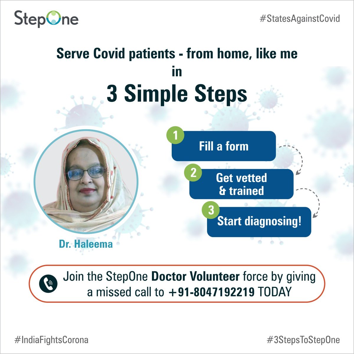 Projectstepone's tweet photo. Fellow #Doctors, I’m saving #covid lives, right from my home!
You could do too – in 3 simple steps.
Become a #CoronaWarrior by giving a missed call on +91-8047192219 or sign up here https://t.co/wCgXN0rhsV
#telemedicine #3stepstostepone #indiafightscoronavirus #coronawarrior https://t.co/CWKsDH9Jnk