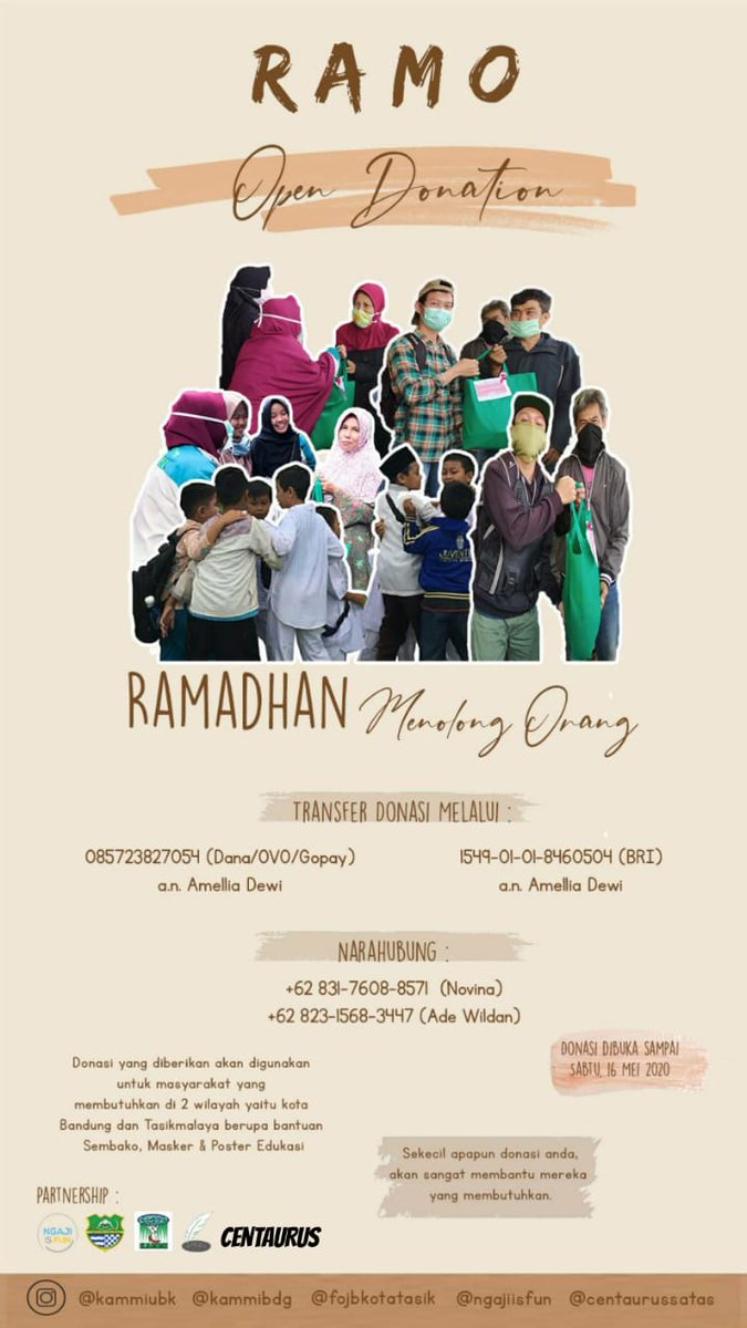 [RAMADHAN MENOLONG ORANG] 

dari Ibnu 'Abbas radhiyallahu'anhuma, ia berkata : "Rasulullah saw. adalah orang yang paling dermawan. Dan beliau lebih dermawan lagi di bulan Ramadhan." (HR. Bukhari, No.6)

Tersisa 2 hari lagi untuk bisa berdonasi di RAMO! Yukk, jangan ketinggalan!😊