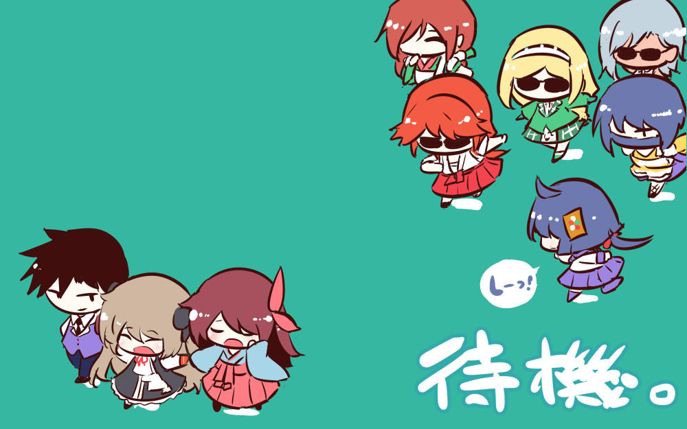multiple girls chibi blonde hair sunglasses red hair 6+girls japanese clothes  illustration images