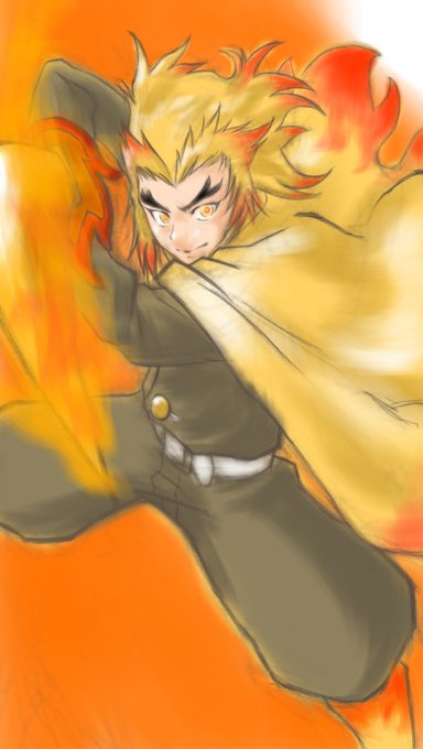 絵描き かるにゃんさんがTwitterに投稿した煉獄杏寿郎(鬼滅の刃)のイラスト。