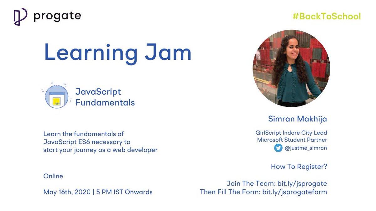 justdev_sim's tweet image. I&apos;ll be doing my first online technical session, a JavaScript Fundamentals @progateEN #LearningJam, tomorrow at 5PM!!
 Follow meetup.com/coding-for-beg… to register!
I hope to see you all there!

#msftstudentpartner #progate #code2success #webdev #javascript @unosyun @yashrajnayak