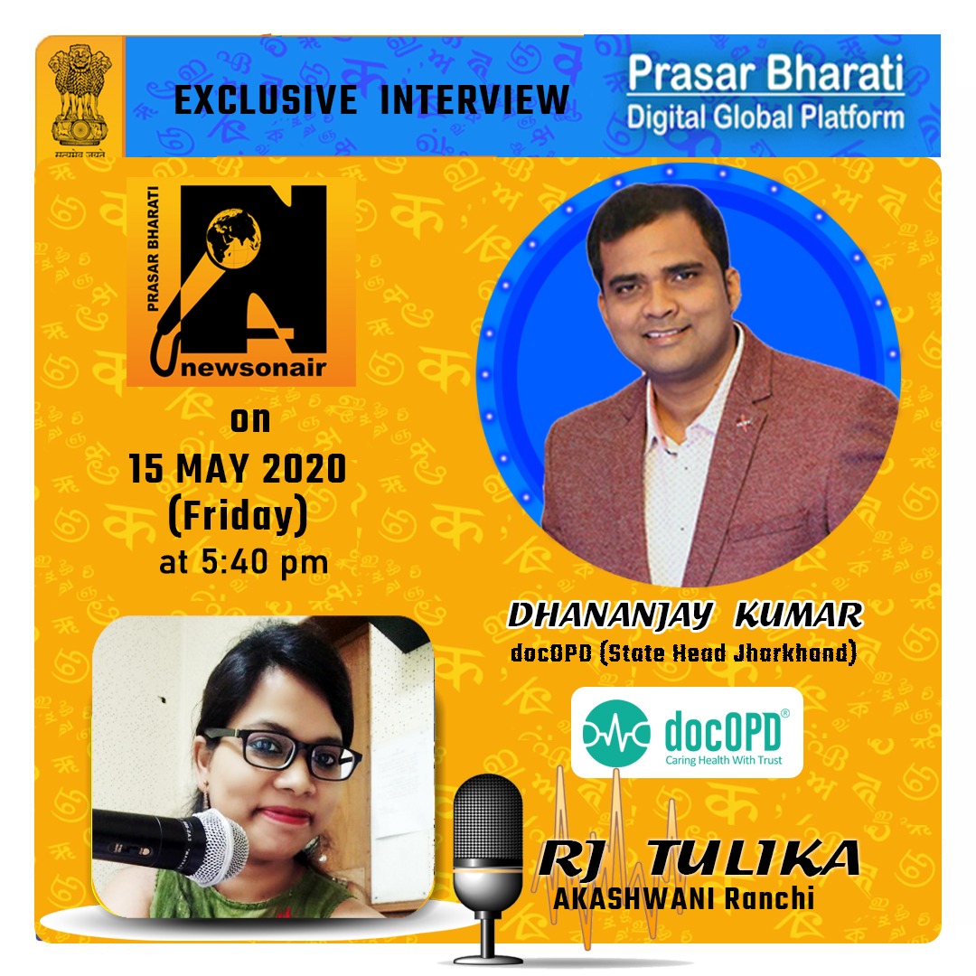 docopd's tweet photo. Exclusive interview of Sir Dhananjay Kumar at 5:40 pm today. Stay tune with #AKASHWANI to learn more about how #docOPD can help you.
#AkashwaniRanchi #StayAtHome #Healthcare #docOPDapp #docOPDhealthcare #Telehealth #Healthconsultation #teleconsultation #Onlineprescription https://t.co/9j2fhGlvzG