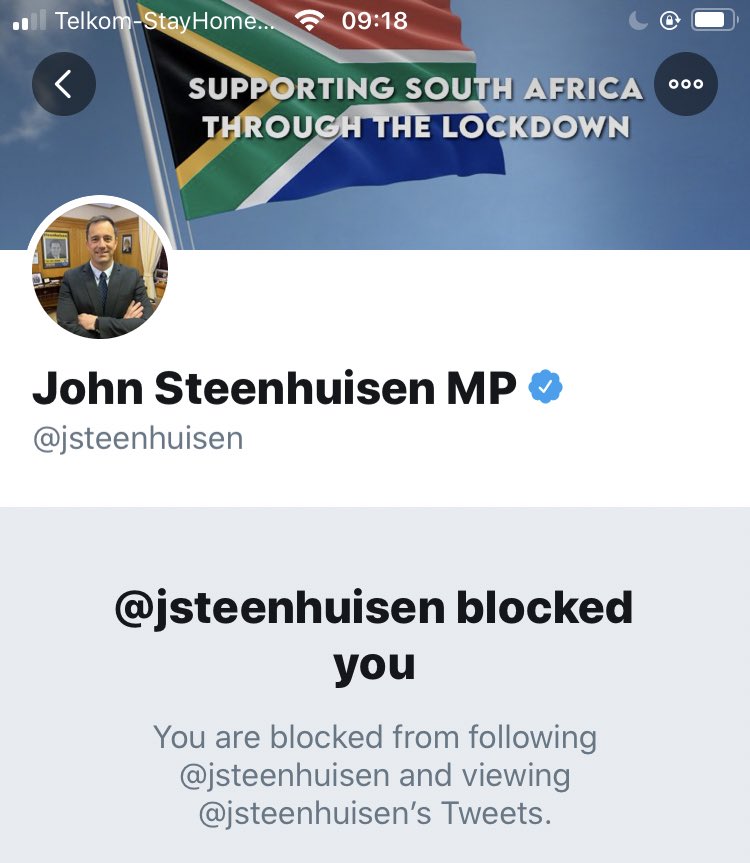 tumisole's tweet photo. Since John Steenhuisen says he speaks on behalf of South Africans, retweet if he has blocked you &amp; reply with a screenshot. 

I’ll start... https://t.co/zqH5rpzGPw