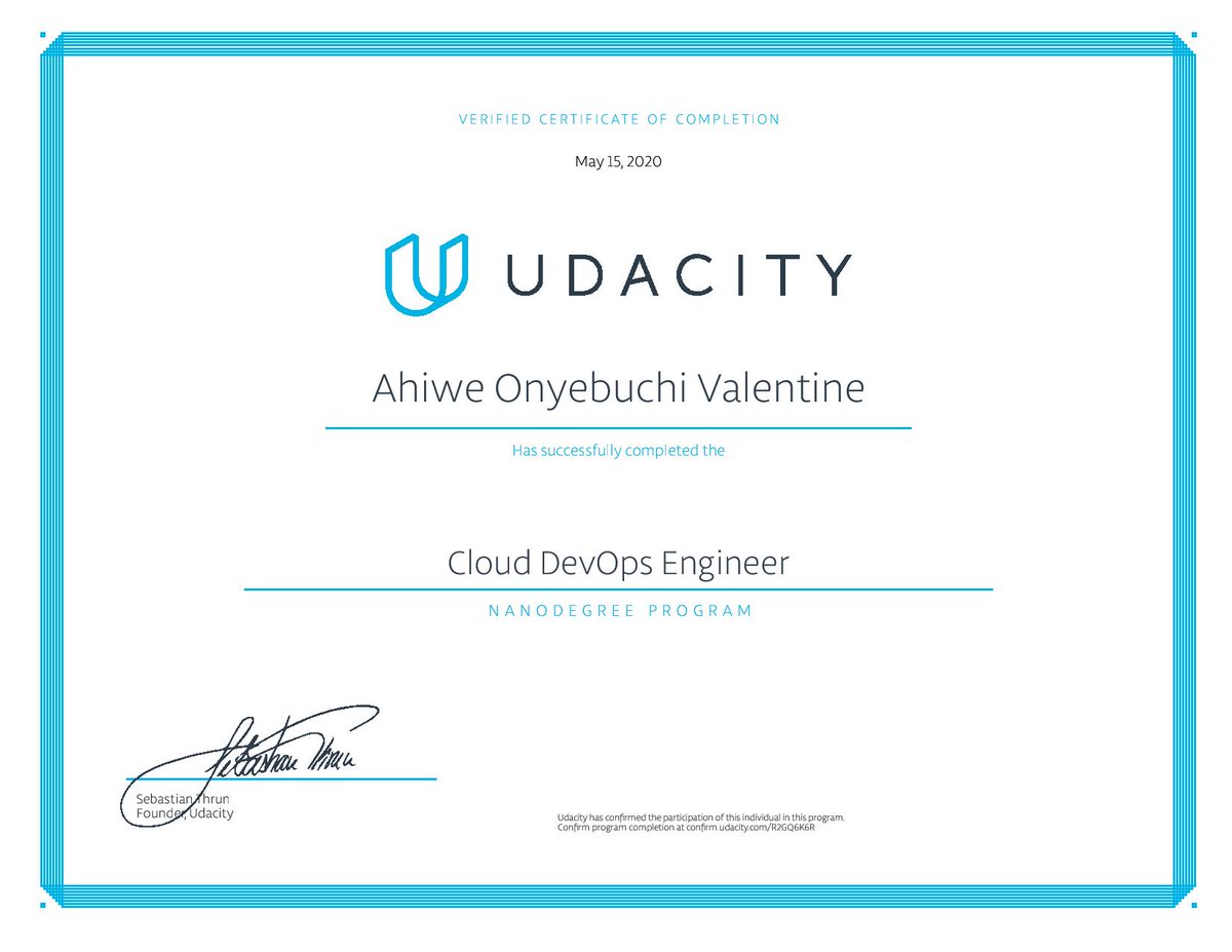 vahiwe1's tweet photo. Certified Cloud Devops Engineer 🥳🥳🥳🥳🥳
Thanks to @udacity for this wonderful opportunity.
Thanks to @afriexapp team, family and friends for their support. Let's keep pushing. #cloud #DevOps #AWS https://t.co/sA6DSIoMtE