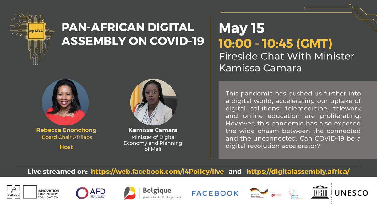 Ce matin, nous serons en compagnie de <a href="/africatechie/">Rebecca Enonchong</a> et la ministre <a href="/KamissaCamara/">Kamissa Camara</a> dans le cadre du #pADA #i4Policy. Rejoignez le LIVESTREAM : web.facebook.com/i4Policy/live à partir de 10 heures GMT.