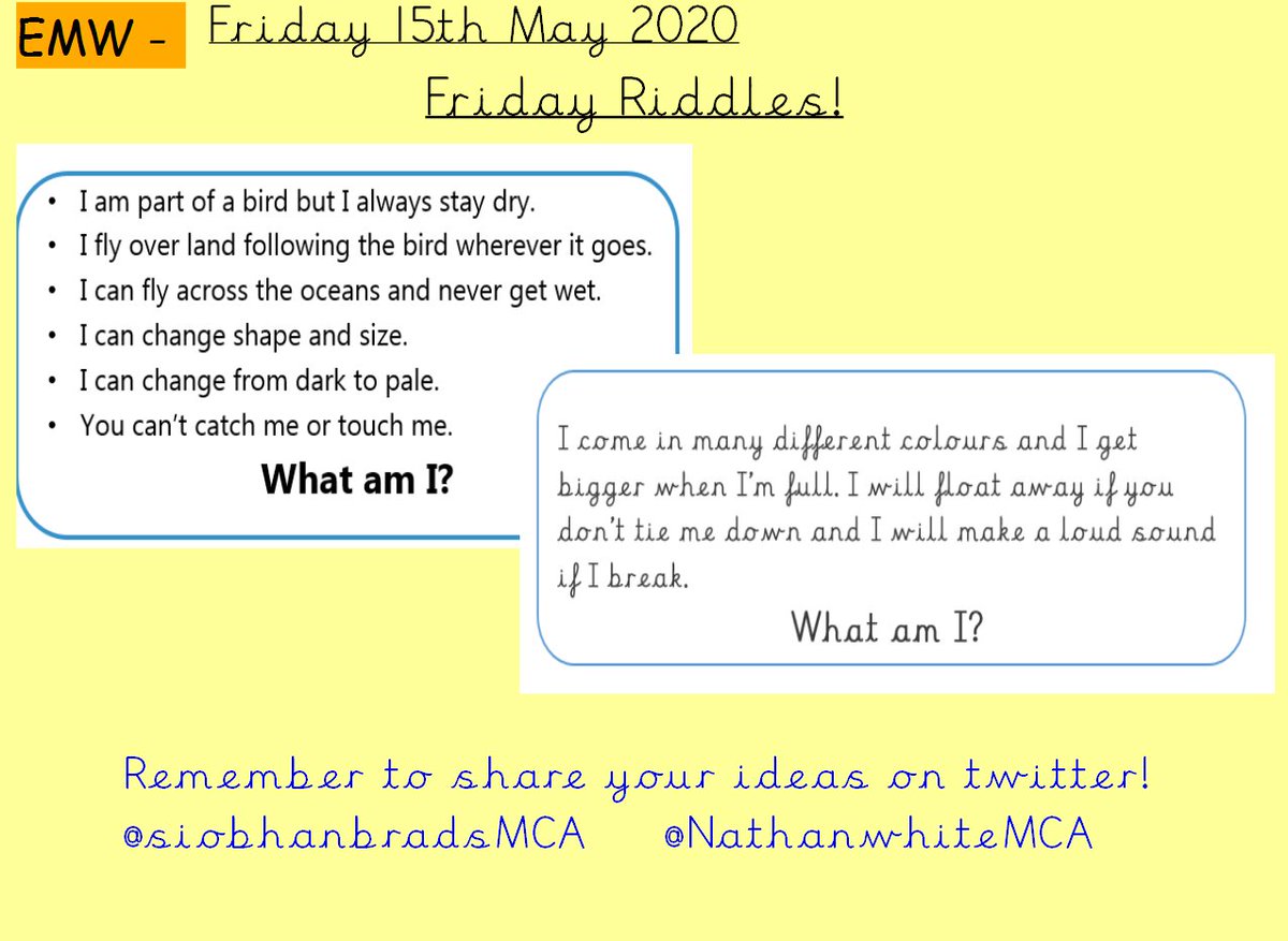 siobhanbradsMCA's tweet photo. Good morning Mayflower #MCAy1 Here is today's morning challenge! See if you can solve my riddles #thinkingcapson #creativity Can you create your own riddle? @Mayflower_MCA @NathanwhiteMCA https://t.co/7iH4SGVVbu