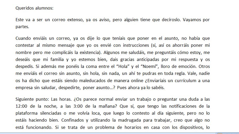 Librosalaula's tweet photo. Una hora larga me ha llevado redactar este correo a mis alumnos, llevaba días aguantándome. Espero que sirva de algo.
#deberesconcalma y #empatíaconlosprofes también. https://t.co/ImcEOTU0tv