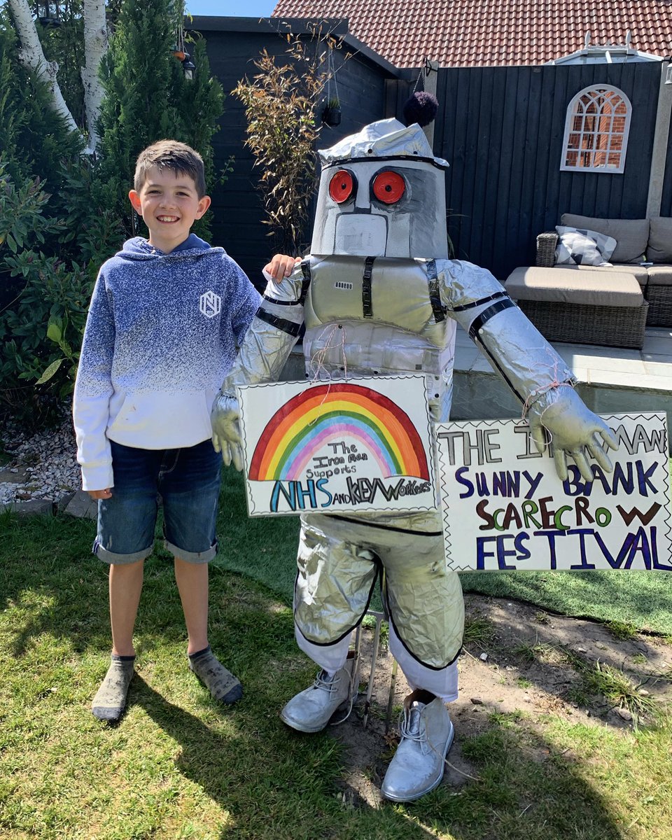 Hel_mart's tweet photo. Well that was a challenge to make a scarecrow when you don’t go to the shops but @Year4sunnybank @sunnybankschool  #theironman is ready for our front garden. Spot the old lampshade &amp; window screen protector. #sunnybankscarecrowfestival #theironman#tedhughes https://t.co/0CYEAAVc2Y