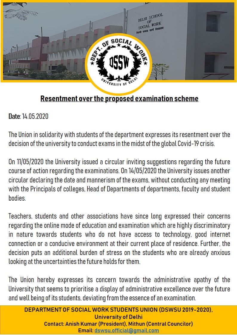 manojkjhadu's tweet photo. As a teacher at #DSSW stand in solidarity with the grievance of larger student fraternity wrt online examination. Please do a sensitive due diligence 4 d students..How many of them have laptops/smartphone?How many of them enjoy uninterrupted internet? https://t.co/rsAHnZJSNo