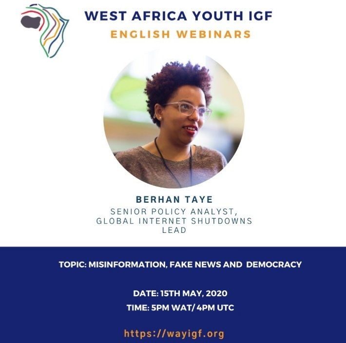 drlilybb's tweet photo. It's today!
Join in our concluding thematic webinar on Misinformation and Fake News with @btayeg

Time: 4pm UTC

Register in advance here: https://t.co/HKtsdtoLvm

#WAYIGF2020 https://t.co/p055sBR9Zh