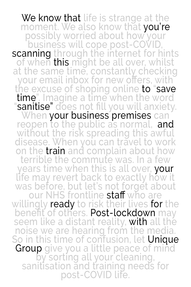 Fab piece of marketing from #BNIChattox member Glenn Stock from Unique Clean Hire &amp; Facilities Ltd . 

It says it all, if you need a premises sanitising and help on best practice post-lockdown, contact Glenn on info@unique-clean.com

#BNI #Coronavirus #StayAlert #BNIFamily