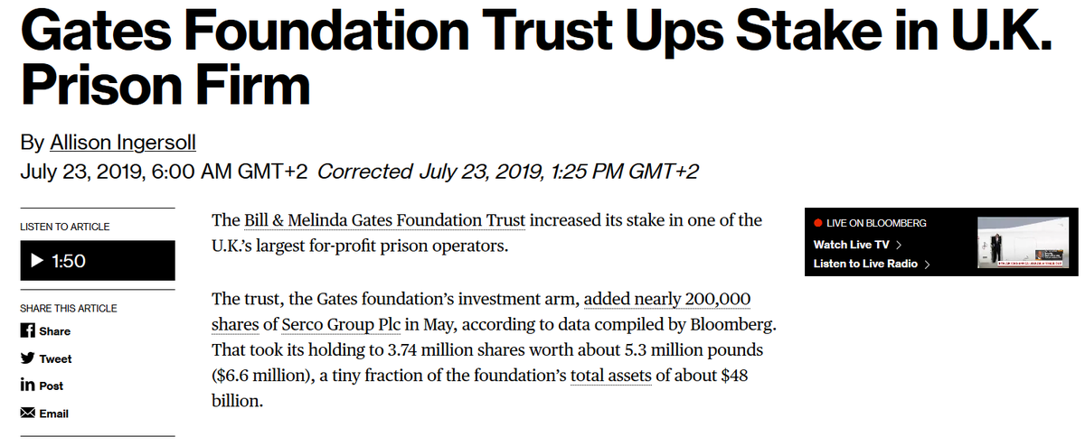 6/- But behind every seemingly altruistic foundation, there is usually a cleverly designed Trust which has neither the altruistic mandate nor ethical limitations on its investment practices. Gates Foundation Trust recently upped its stake in a for-profit UK prison firm, Serco.