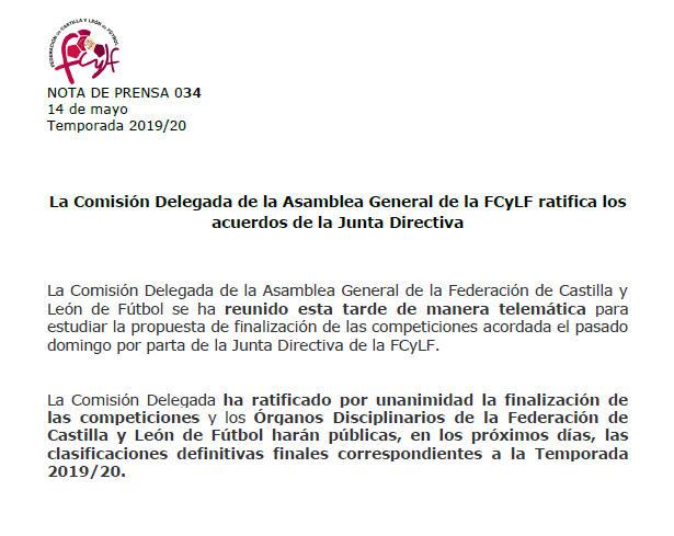 Nota oficial Delegación de León de la FCyLF:
ACORDADA LA FINALIZACIÓN DE LAS COMPETICIONES.