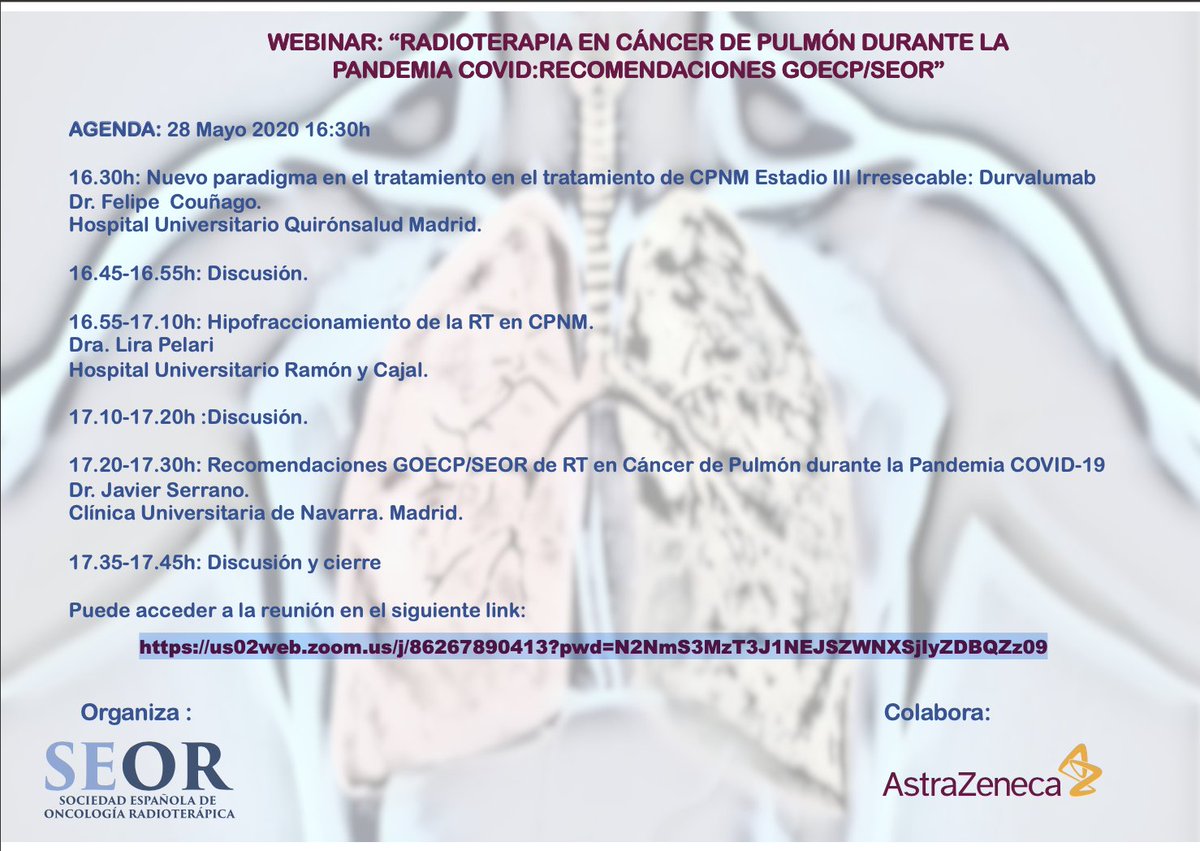 RADIOTERAPIA EN CANCER DE PULMON
28 DE MAYO organizado por @SEOR3 y la colaboración de @AstraZenecaES @goecp1 
us02web.zoom.us/j/86267890413?…

#radioterapia
#cancerpulmon
#LCSM  #NSCLC