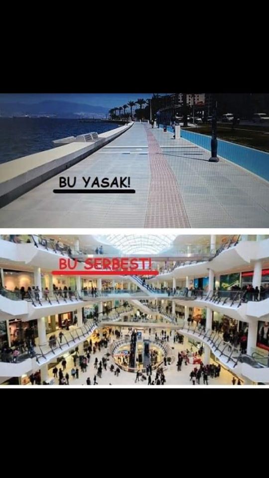 FLBP33's tweet photo. Petite image venue de Turquie, où ils ont exactement les mêmes débats que nous sur la gestion du déconfinement.
En haut : "Ceci est interdit"
En bas : "Ceci est autorisé" https://t.co/rMGbfC6QNT