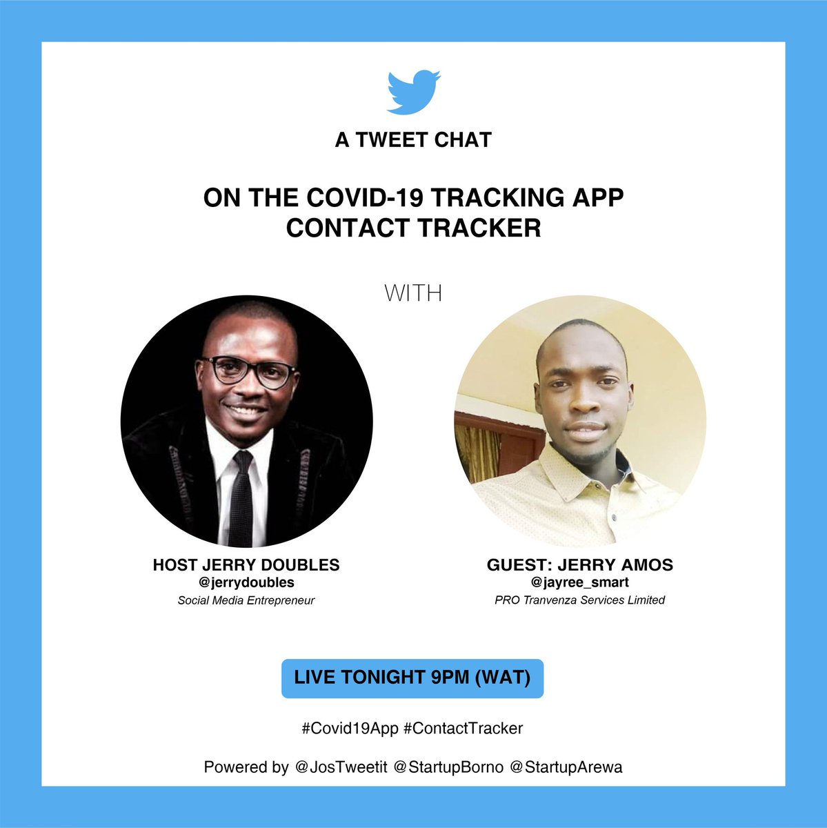 GanzyMalgwi's tweet photo. Join @jerrydoubles and @Jayree_smart tonight at 9pm for a live tweet chat on the Contact tracking app which can be used in tracing contact cases of covid-19, to join the conversation follow hash tag #Covid19App #ContactTracker @kubumshel @Prosper_malgwi @LadyGrasha https://t.co/waFJu5ZOjb