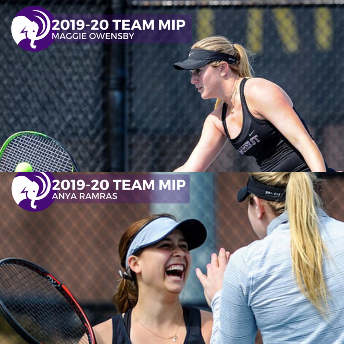 AmherstWTennis's tweet photo. Congratulations to AWT Co-MIP Award Winners Maggie Owensby and Anya Ramras #Margaret #Ramtough #greenandgrowing https://t.co/pFi0XdVh47