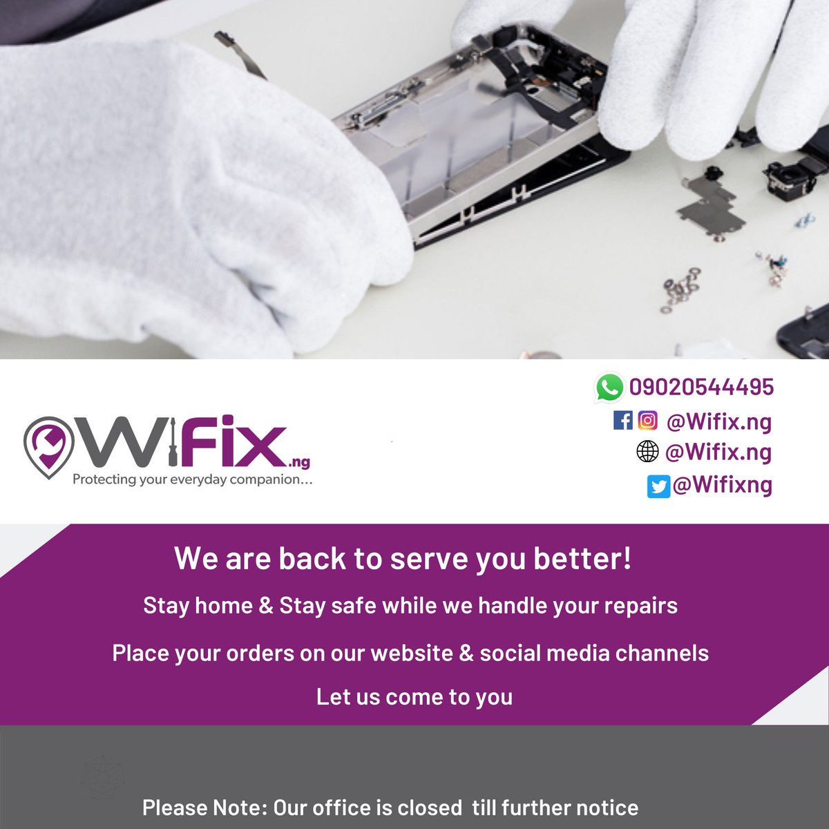 WiFixNG's tweet photo. We're back to serve you. 💪🏿

Make use of our online service during this period. 

Stay home and stay safe

Please place your orders via our social media channels

✅ Instagram - @wifix.ng
✅ Twitter - @WiFixNG 
✅ WhatsApp - 09020544495
✅ Facebook - @wifix.ng https://t.co/kfP4sY0cES