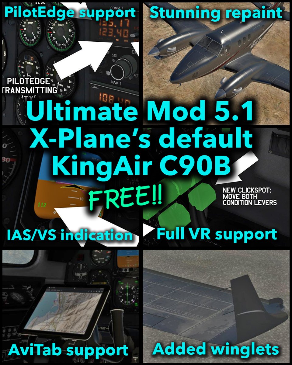 For those KingAir lovers flying <a href="/XPlaneOfficial/">X-Plane Flight Simulator</a> Here's my FREE mod of X-Plane's default KingAir with 150+ fixes and improvements, including AviTab, full VR and <a href="/pilotedgeATC/">PilotEdge</a> support. Grab it now! forums.x-plane.org/index.php?/fil…