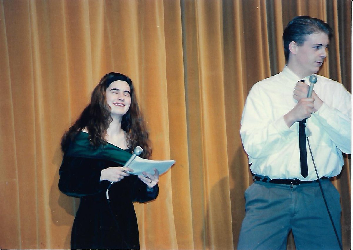Stephen_Coombs's tweet photo. @sjmorningshow @KrissyHolmes @ramraajh @CBCNL Here's a few "hairier" snaps of my first 'Hosting Gig!' From our 1991 BHS #BeaconsfieldHighSchool Safe Grade Variety show! Myself and Mieka (Dillon) Chobotar and Regan Crocker and I doing our best Friday Night Girls @marywalsh11 & @cathyjones homage #CODCO https://t.co/dOn9MmXl5Y