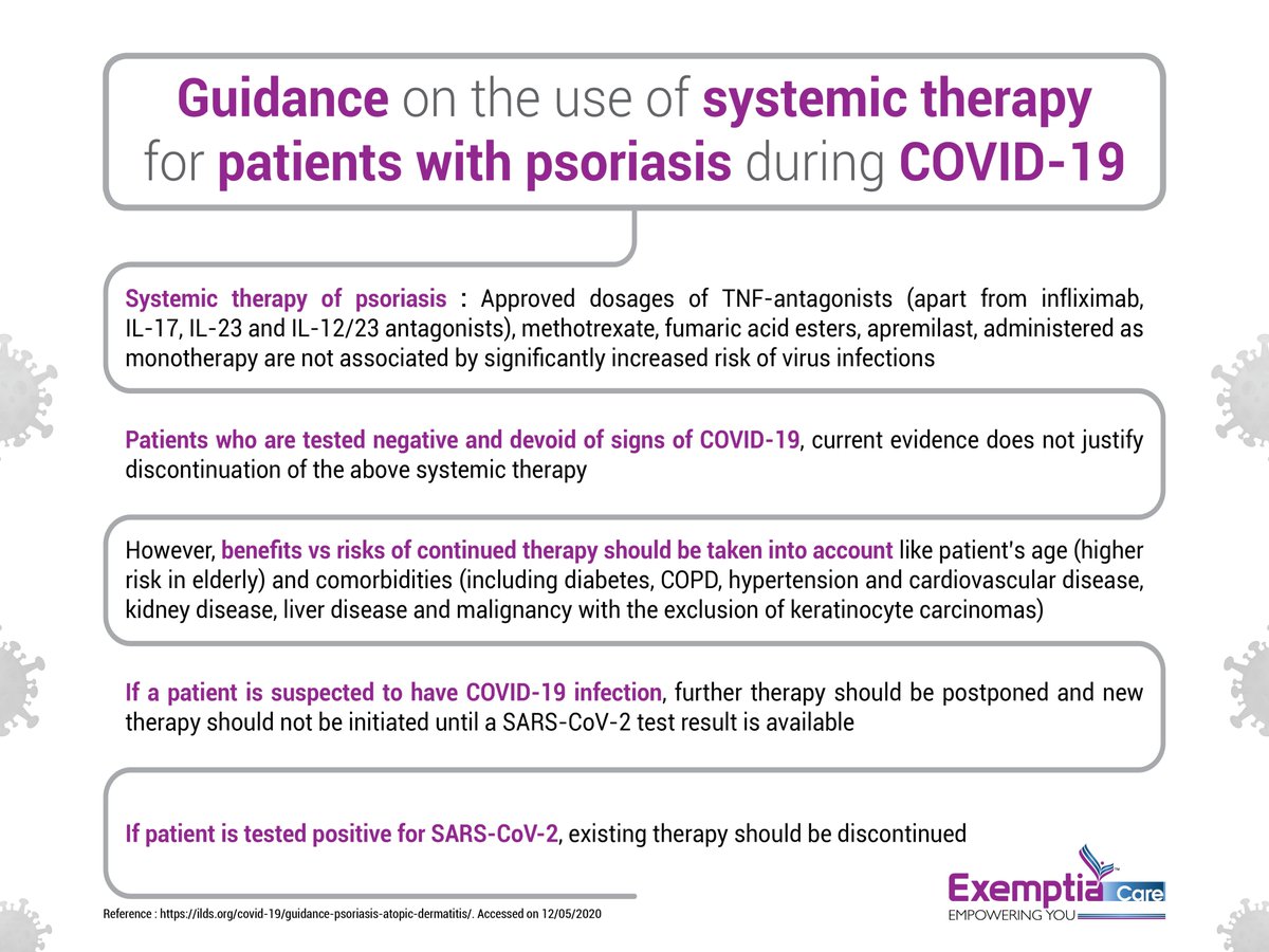 ExemptiaCare's tweet photo. Guidance on use of Systemic Therapy for Psoriasis during COVID-19.

#Psoriasis #Covid19 #SystemicTherapy #Dermatology #ExemptiaCare https://t.co/cwPh8qzQAp