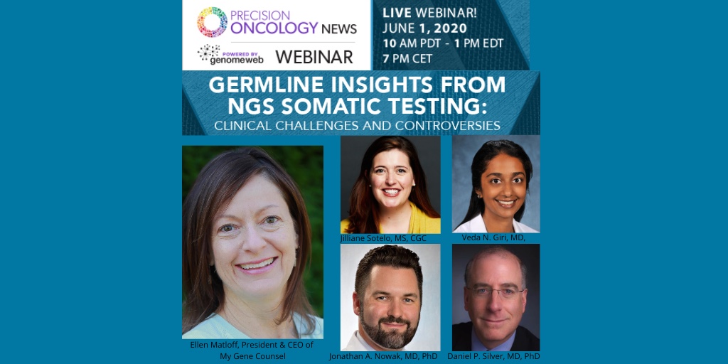#MarkYourCalendar! @GenomeWeb is hosting a virtual expert panel on  June 1st to discuss challenges and opportunities related to potential germline insights after #somatictesting. @EllenMatloff will lead the discussion of panelists. Please register here: ow.ly/xIlI50zDtRU