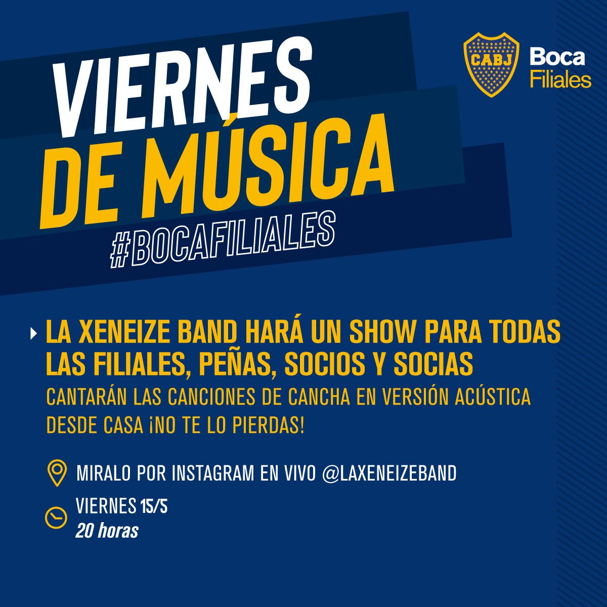 Hoy tenemos un nuevo #ViernesDeMúsica 
Te invitamos a escuchar a la #XeneizeBand en vivo por instagram. 

➡ Hoy 15-5
➡ 20 hs

#BocaFiliales
