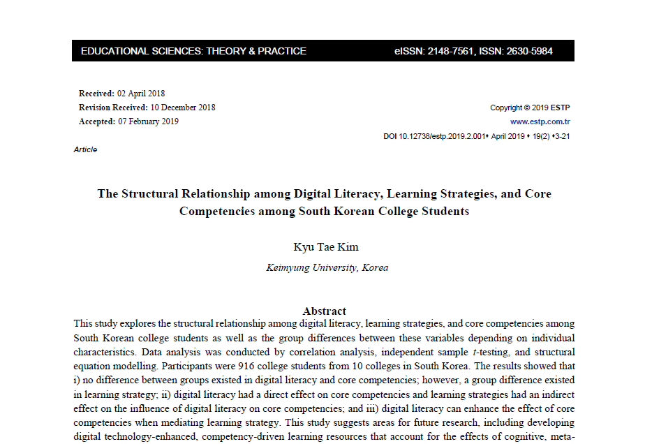 Journal_ESTP's tweet photo. Digital literacy, learning strategies and core competencies were examined in this study https://t.co/uuVxqjbPTd conducted by Kyu Tae Kim. Detailed conclusions and implications of the findings you may find visiting 👉 https://t.co/XCMc1UIG4m https://t.co/qWsi4vOjnk