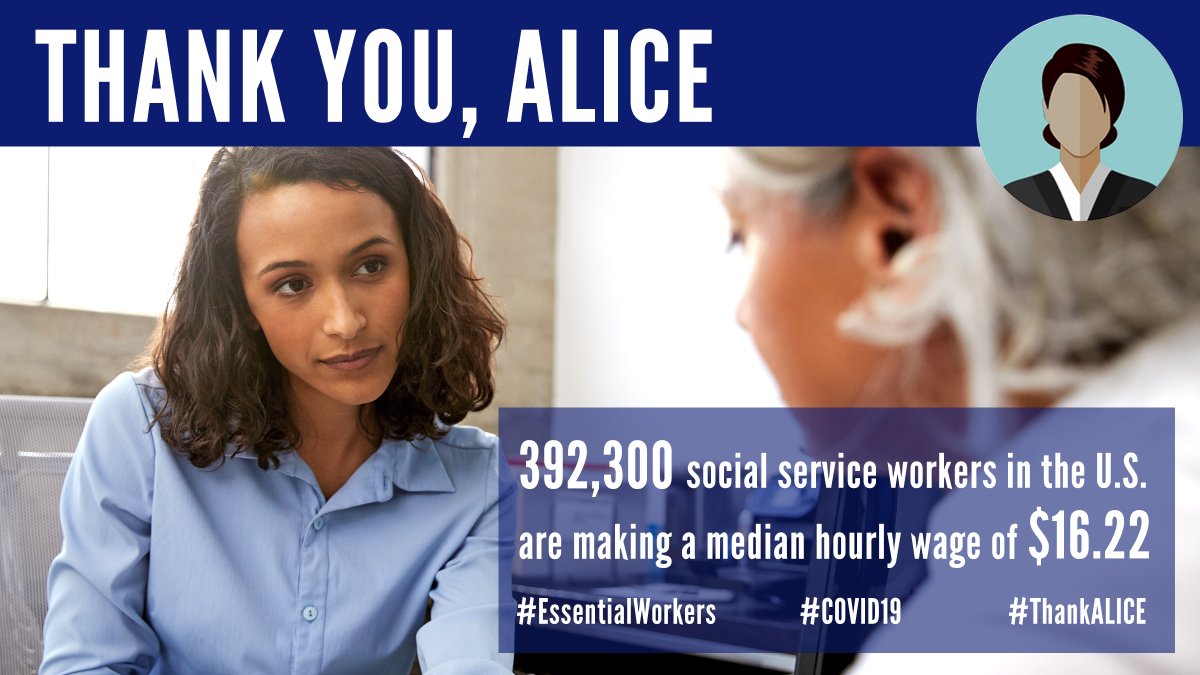 United4ALICE's tweet photo. Social service workers across the U.S. are at risk - putting their lives on the line to help others while making a median hourly wage of $16.22. #ThankALICE #ProtectWorkers #EssentialWorkers #EssentialALICE #COVID19 https://t.co/9G2VP0kWst