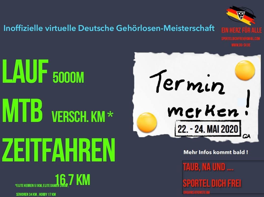 GS_BW's tweet photo. Inoffizielle virtuelle Deutsch GehörlosenMeisterschaft!
5 KM Laufen 22.05.2020
MTB 23.05.2020
Zeitfahren 24.05.2020
https://t.co/zCh42SLLNc https://t.co/HjxLEwPGHo