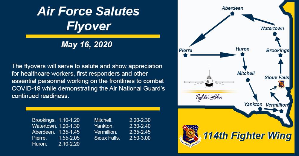 SD_Guard's tweet photo. It's happening tomorrow! The South Dakota National Guard's 114th Fighter Wing will be conducting flyovers across nine different communities to honor fellow Americans working to fight the coronavirus. #SDNG #114FW #airforcesalutes https://t.co/thgGthJoNh