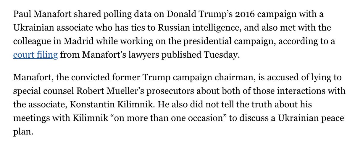 We still don't know exactly why Trump's presidential campaign manager shared polling information with Russian intelligence. False statements and destruction of evidence defeated the Mueller investigation of the Trump campaign's Russia connection. 10/x