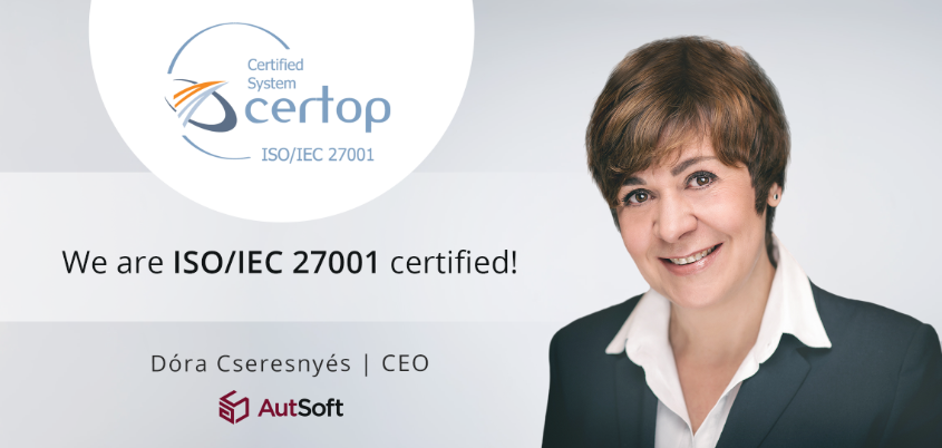 #AutSoft became ISO/IEC 27001 certified!✅"We are especially proud to obtain the ISO/IEC 27001 certification during the current pandemic situation. This is a guarantee of our highest information security standards and our continuous improvement." Dóra Cseresnyés - CEO
#iso27001