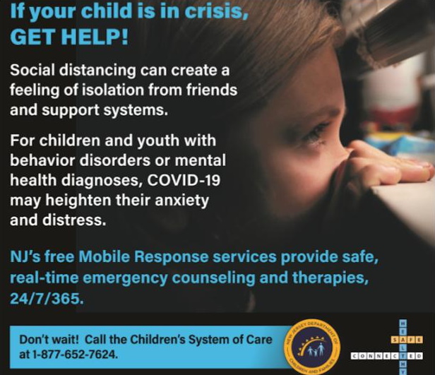 FAmato53's tweet photo. For #NJ youth w/ #behaviordisorders or #mentalhealth diagnoses, #Covid19 may heighten anxiety&distress. Call 1877-652-7624 24/7/365 for #free counseling & therapy from @NJDCF #MobileResponse @WeehawkenTSD @weehawkennj #Weehawken @WeeWillBeOK #NJStrong @HudsonCoNJDOE https://t.co/eI2SD9W49h