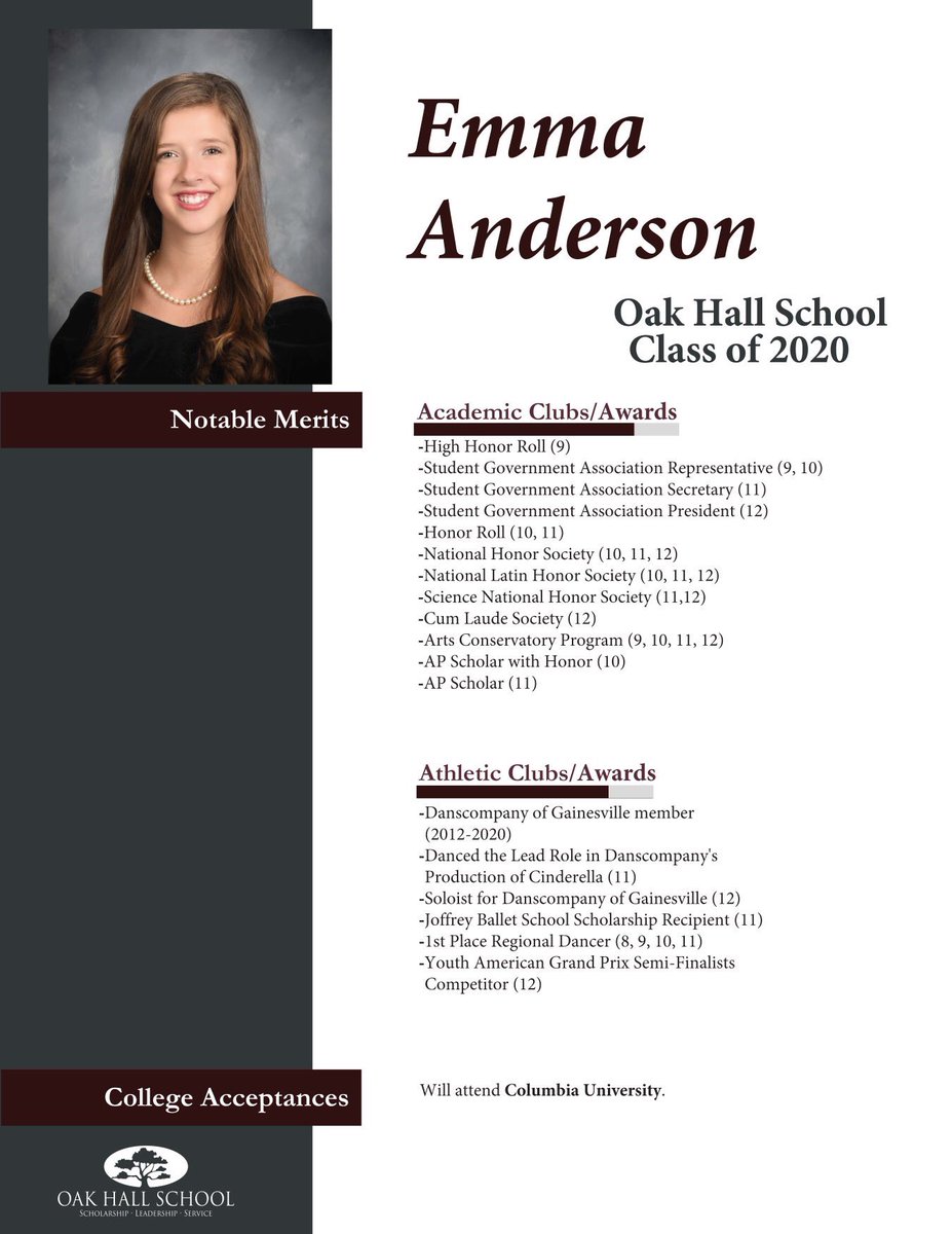 OakHallSchool's tweet photo. Next up for our #ClassOf2020 #SeniorProfiles is Emma Anderson! We are so proud of your success at Oak Hall, Emma, and look forward to you coming back from @Columbia to visit! 🎓🤩
#OHSLeadingTheCharge
#OnceAnEagleAlwaysAnEagle
#WeFlyHigh
#EaglesSoar https://t.co/n7gAyR5K9J