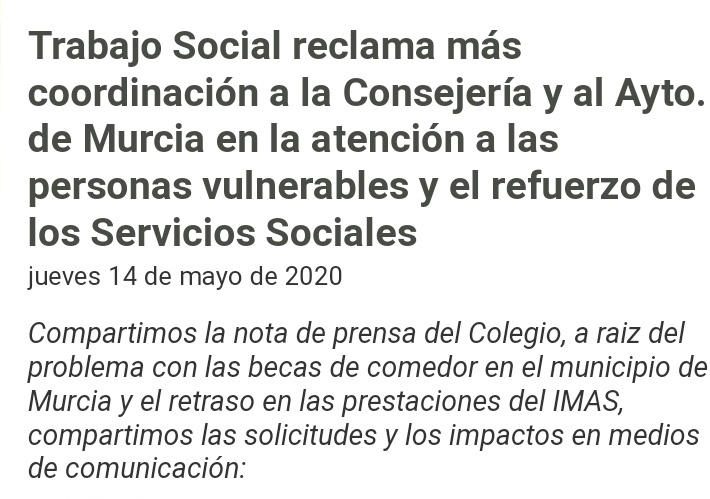 COTS_Murcia's tweet photo. El Colegio de #TrabajoSocial reclama más coordinación a @VicepresidenRM @ifranco y @AytoMurcia @Ballesta_Murcia @dsocialesmurcia en la atención a más personas más vulnerables y el refuerzo de los Servicios Sociales

@cgtrabajosocial
@VSocialGob
@Imserso

https://t.co/a5zyzd4iHV https://t.co/0YTE7yBUYi