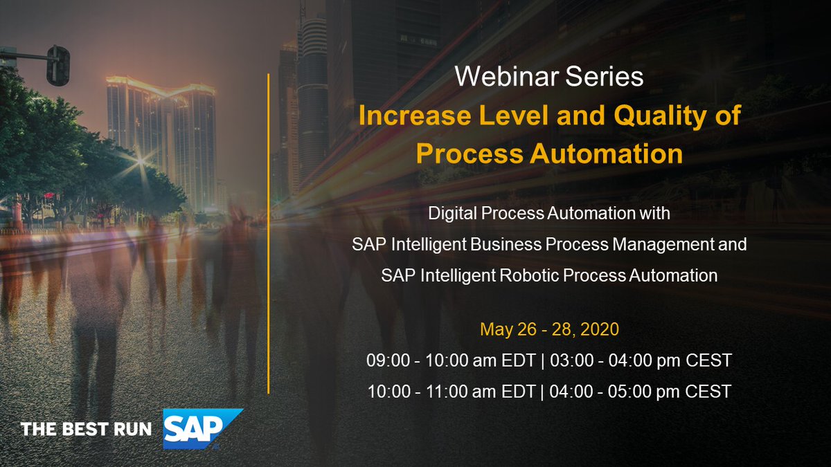 s_schluchter's tweet photo. Experienced experts and thought leaders share what it takes to increase level and quality of process automation, especially in these days. Join this 3 days webinar series. Register now: https://t.co/UixYtrHxg7 #sapcp @SAP_RPA #workflow #IntelligentBPM https://t.co/zMvwcXfI3S