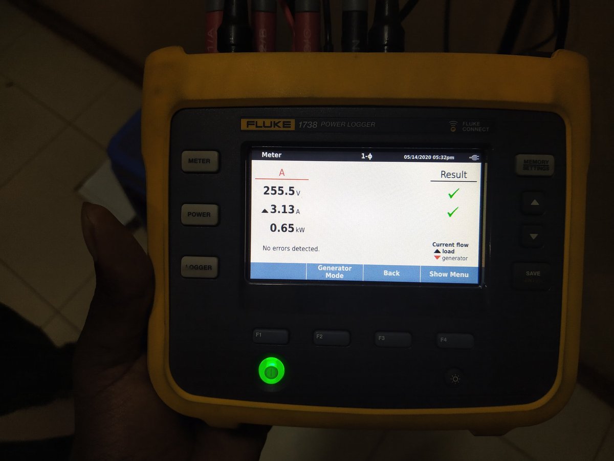Client's Power Audit, including recommendations on Safety, Efficiency & PV Hybrid Solution. Clamp set for 5 Days & at Day 2 we can determine the size of his inverter (5kW). He wants Solar PV/Kenya Power supply at 30:70 ratio, that is PV to supply 30% of approx. 4.5kW (1.35kW)