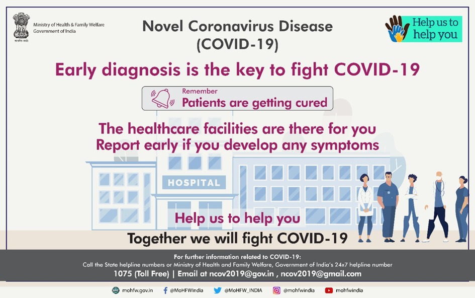 MoHFW_INDIA's tweet photo. #IndiaFightsCorona

Early detection of #COVID19 can help cure the disease. Do not hesitate to come forward and report early. Protect yourself &amp; your family. 

#HealthForAll #SwasthaBharat #CoronaOutbreak #Lockdown3 https://t.co/QmAWUuY8aA